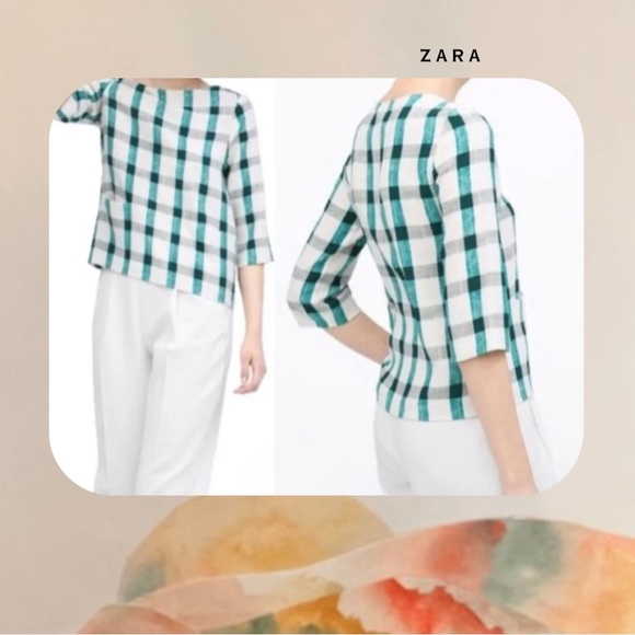 🍭 3/$20 Zara turquoise &white plaid tartan quarter sleeve top with front pockets - Picture 2 of 11